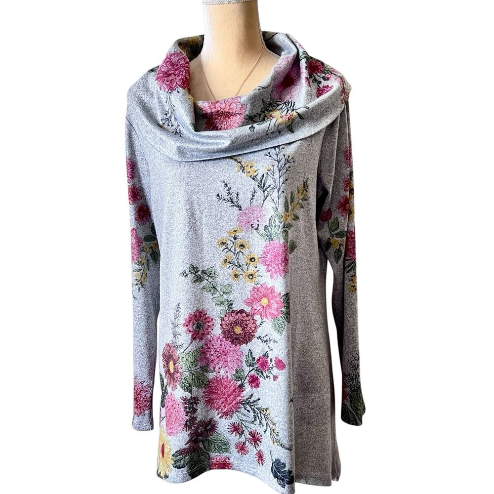 Cactus + Pearl Floral Cowl Neck Pullover Tunic Top Grey Multicolor Size L Women